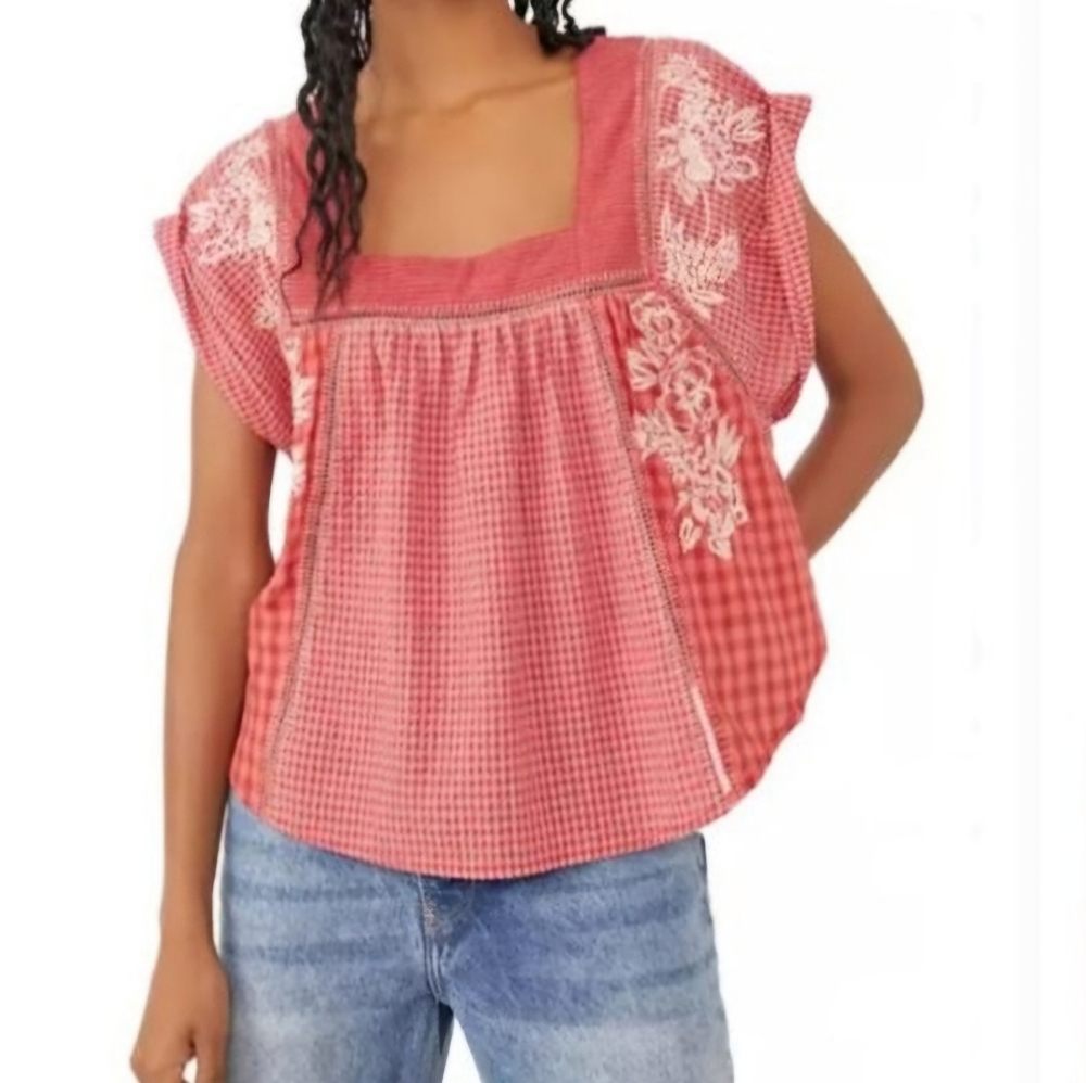'FREE PEOPLE' 'BEĹĹA' EMBROIDED SQUARE-NECK PEASANT TOP FLUTTER-SLEEVE GINGHAM - Picture 3 of 16